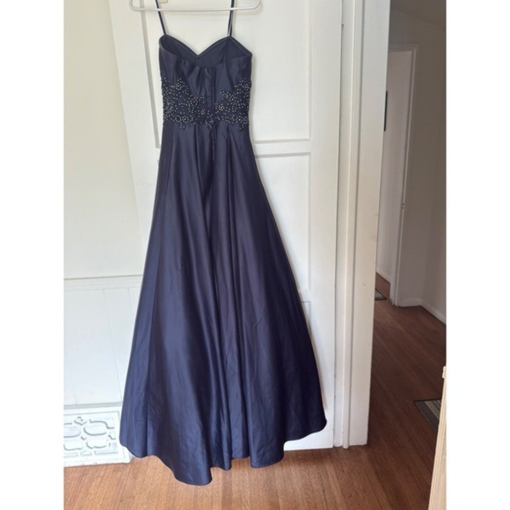 Blondie nite Navy Blue Satin Ball Gown Beaded Lace Waist Formal Evening Dress - Picture 3 of 11